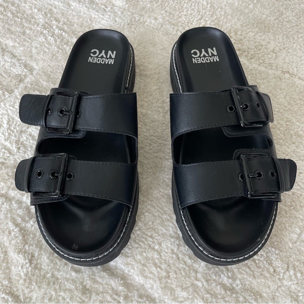 NWOT Madden NYC Black Double Buckle Flatforms Sz 8.5 - Picture 3 of 11